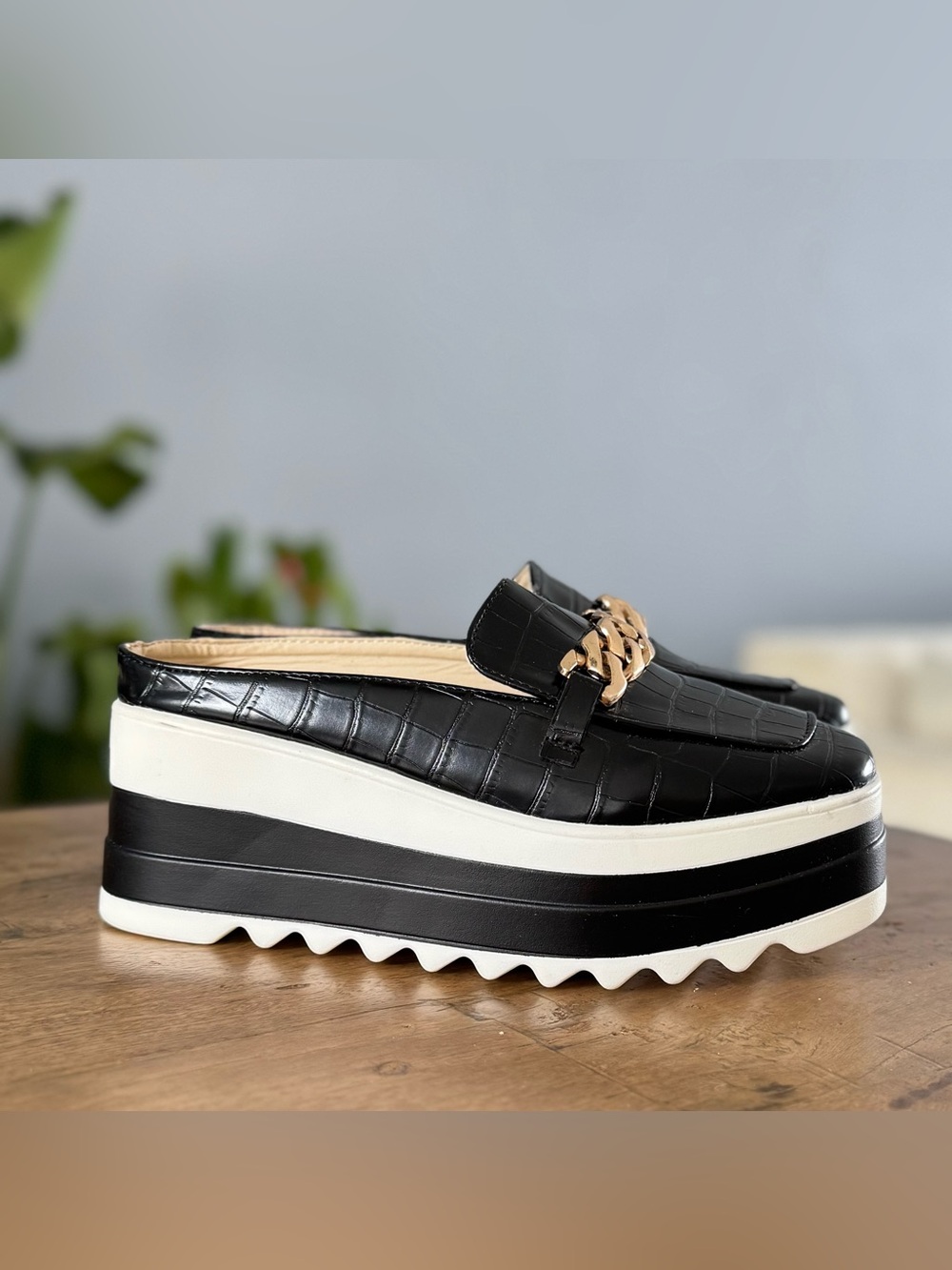 Black Platform Loafers with Gold Chain Accent - Picture 6 of 9